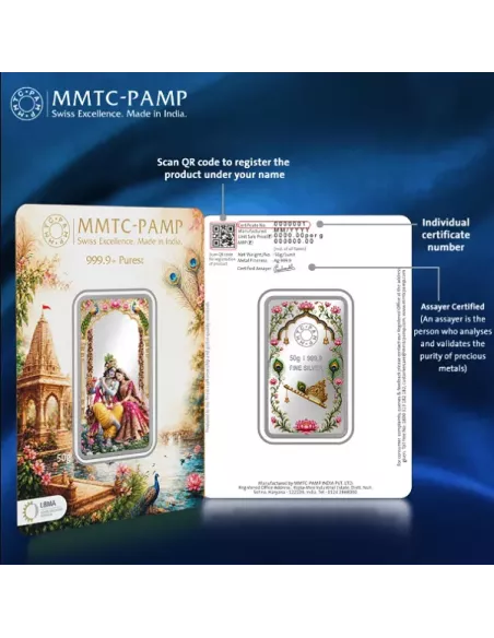 MMTC-PAMP Radha Krishna Silver Ingot Bar of 50  Gram in 999.9 Purity /