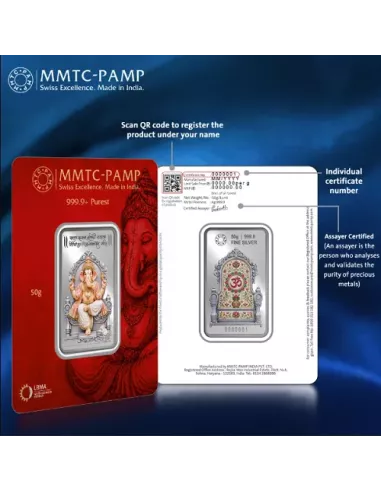 MMTC PAMP Colorful Lord Ganesha Silver Bar of 50 Gram in 999.9 Purity