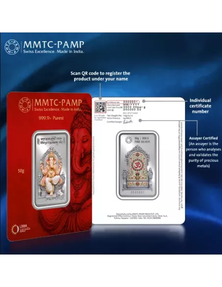 MMTC PAMP Colorful Lord Ganesha Silver Bar of 50 Gram in 999.9 Purity