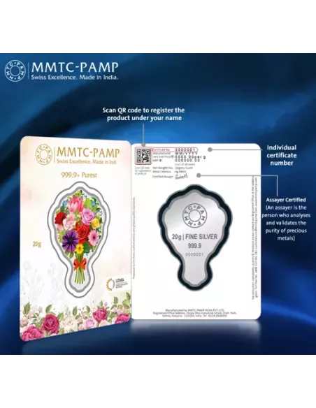 MMTC PAMP Bouquet of Flower Colored Silver Coin of 20 Gram in 999.9 Pu