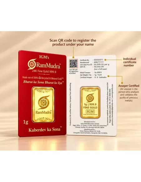Ram Mudra By IGM Gold Bar of 1 Grams in 24 Karat 999.9 Purity / Finene