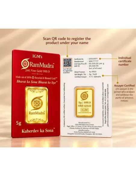 Ram Mudra By IGM Gold Bar of 5 Grams in 24 Karat 999.9 Purity / Finene